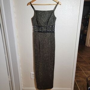 90s Bari Jay Sparkle Sheer Panel Square Neck Maxi Gown sz 3/4 Black Gold Fairy